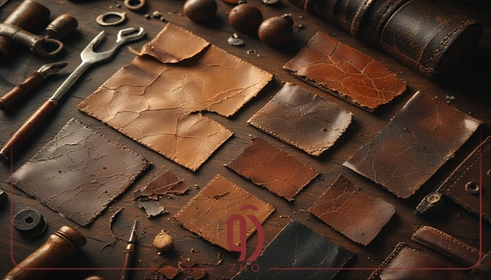 Conceptual illustration showing different types of leather, common damages like scratches, cracks, and wear, and the reasons for repair, realistic leather textures, close-up of leather samples, tools for repair in background, warm and natural colors, semi-realistic or modern flat illustration style, educational and detailed composition, high detail, clean layout, no text overlay, professional editorial look